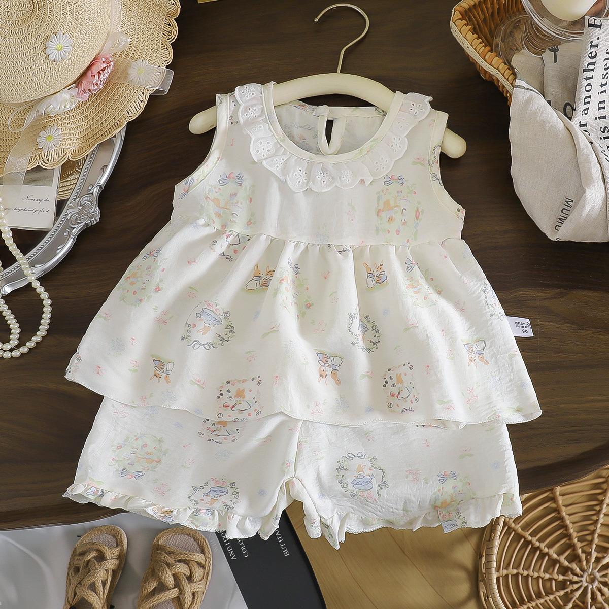 Girls Summer Sweet Princess Sleeveless Set With Doll Collar Top And Lace Trim Shorts For Kids 110cm