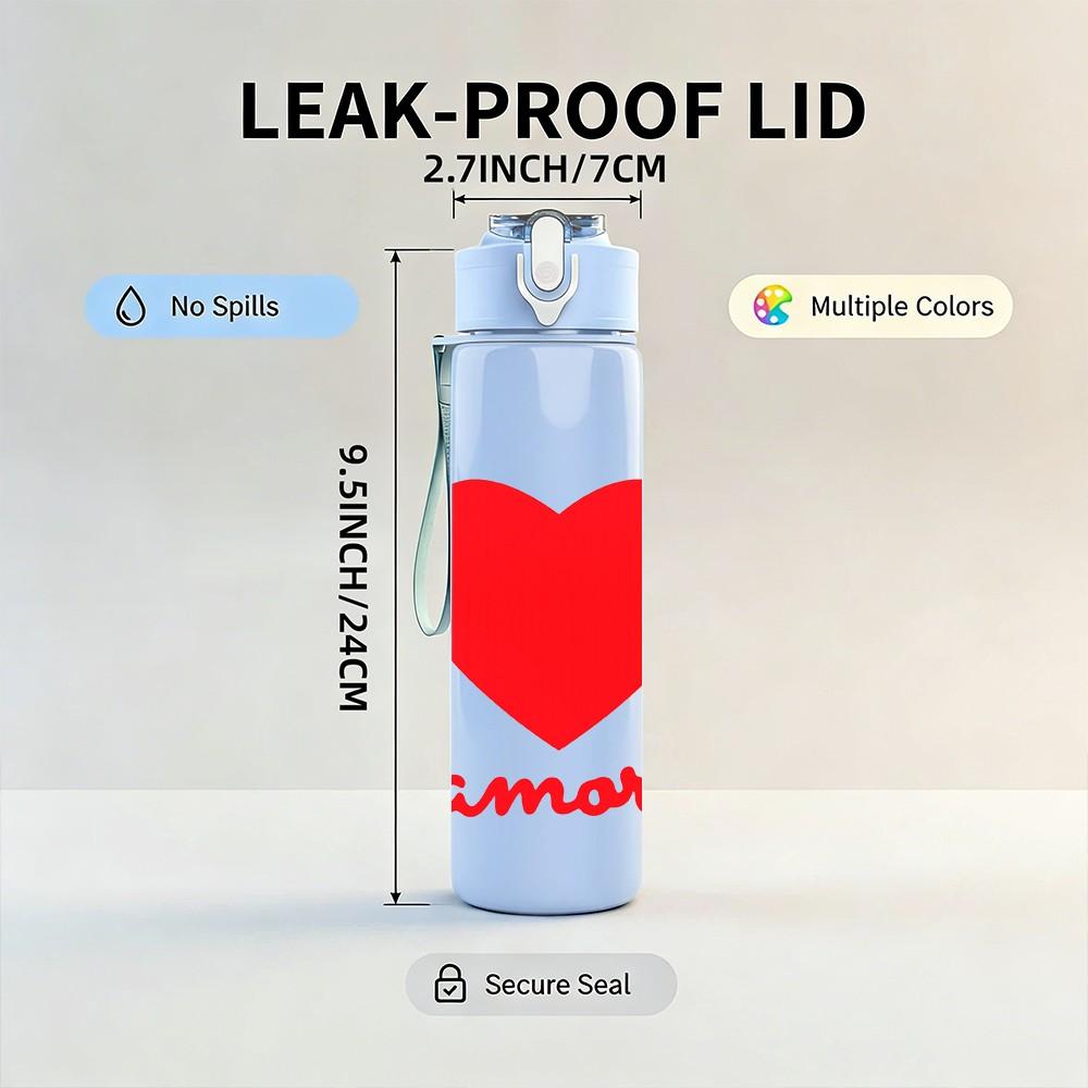 1PC Red Heart Come On Motivational Print 750ml Color Plastic Sports Water Bottle Leakproof Flip Straw Lid Suitable for Sports Office Home Use