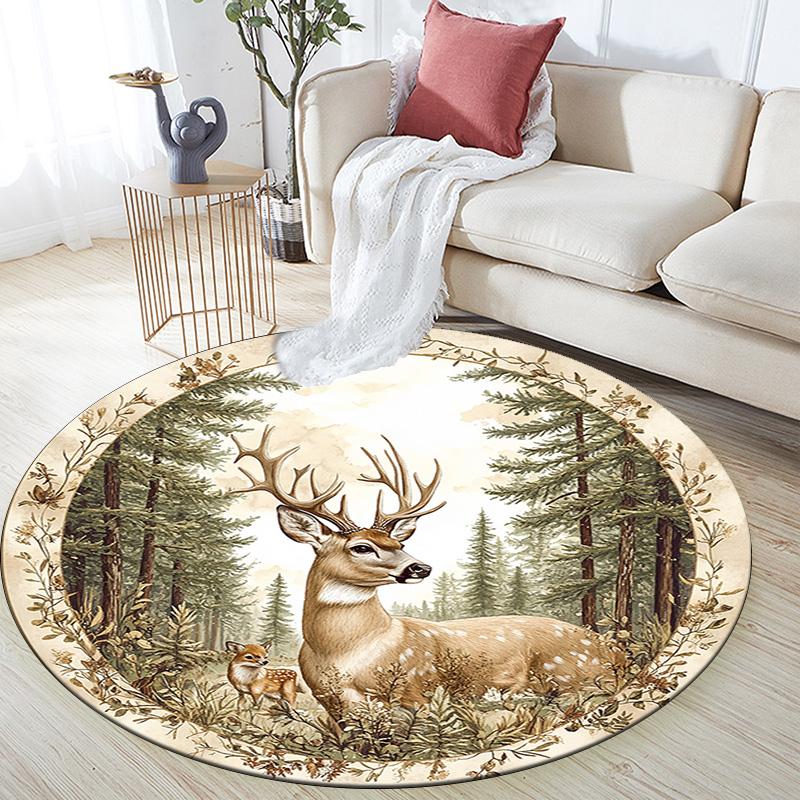 Deer Forest Round Area Rug,Carpet Rug for Living Room Bedroom Sofa Playroom Decor,Non-slip Floor Mat