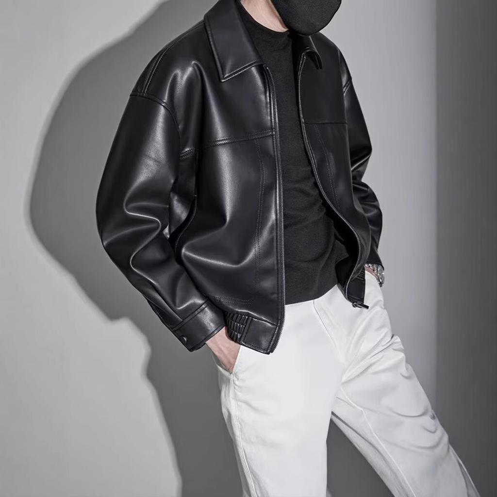 Spring and Autumn New Ruffian Handsome Lapel Leather Jacket Men's Trendy Casual Versatile Leather Jacket