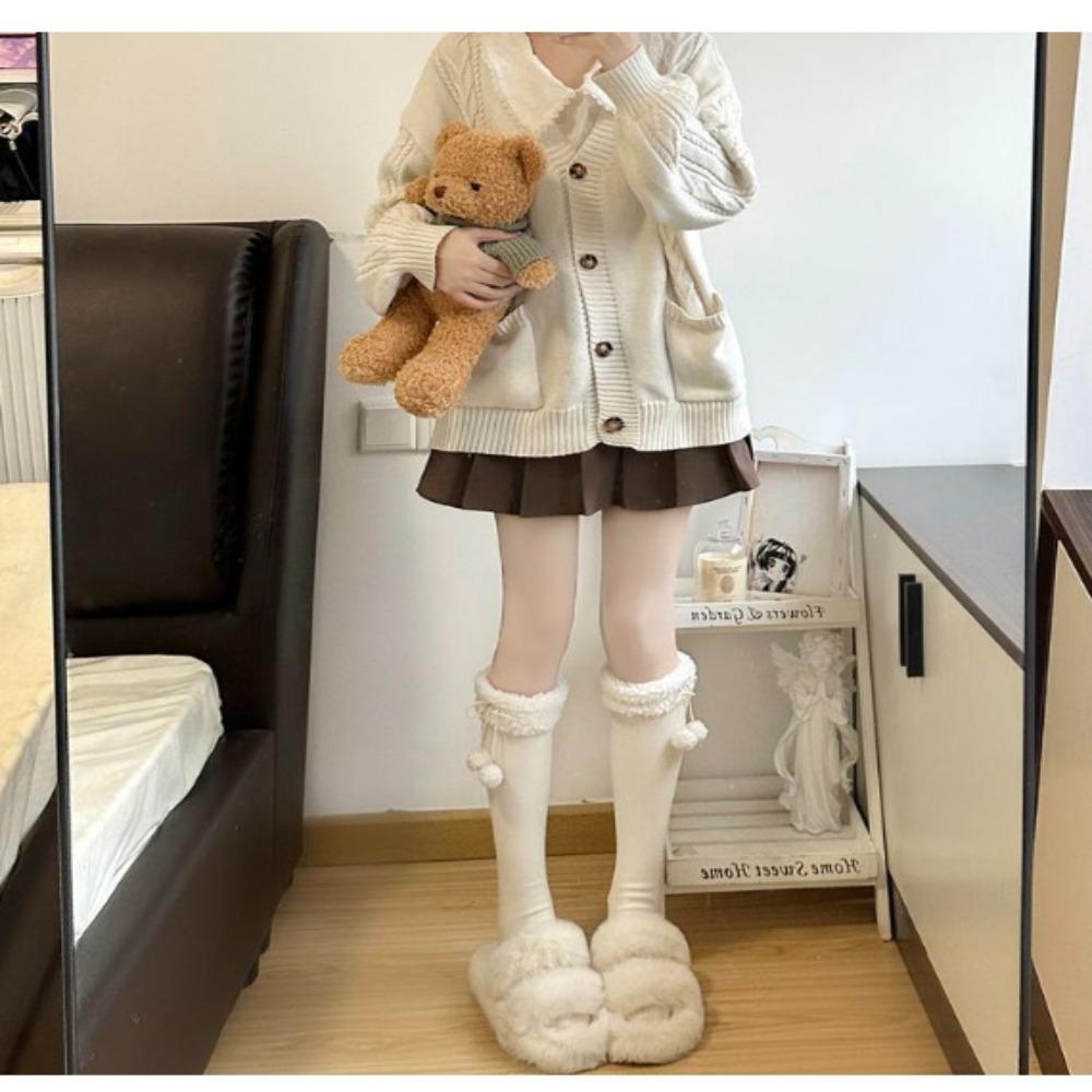 1 Pair Wool Ball Knee High Socks Vertical Stripe Plush Stockings Cute Over Knee Socks Women Girl