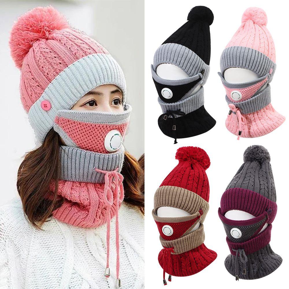

Casual Warm Winter Hat Scarf Set Knitting Hat Beanies Caps Cold-proof Caps рожевий