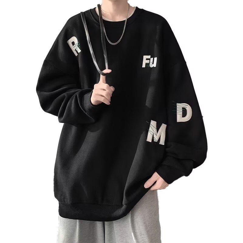 Men's High-End Embroidered Round Neck Hoodie - Autumn/Winter, Loose Fit, Plus Velvet, Couple Wear