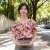 Short Sleeve Spice Girl Square Neck Rose French Retro Summer Short Sleeve Shirt Chiffon Shoulder Short Navel New