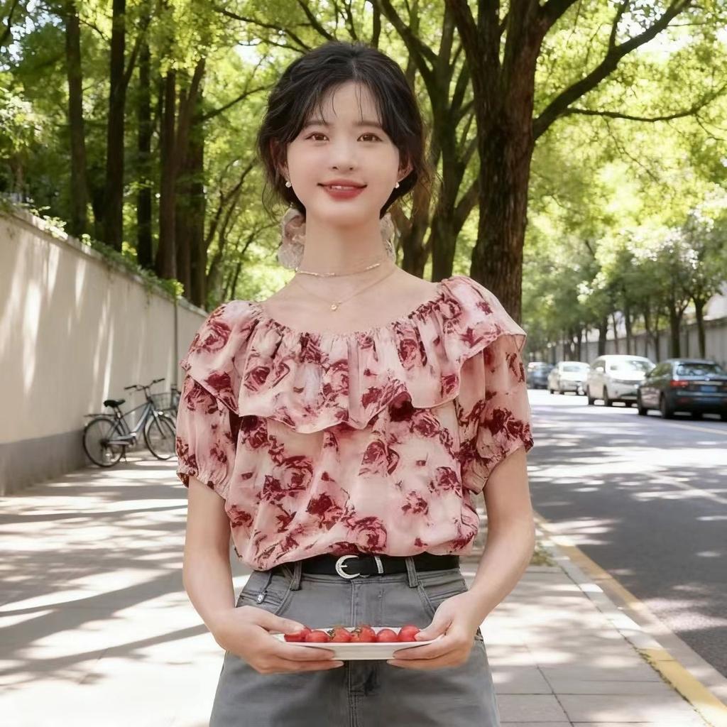 Short Sleeve Spice Girl Square Neck Rose French Retro Summer Short Sleeve Shirt Chiffon Shoulder Short Navel New