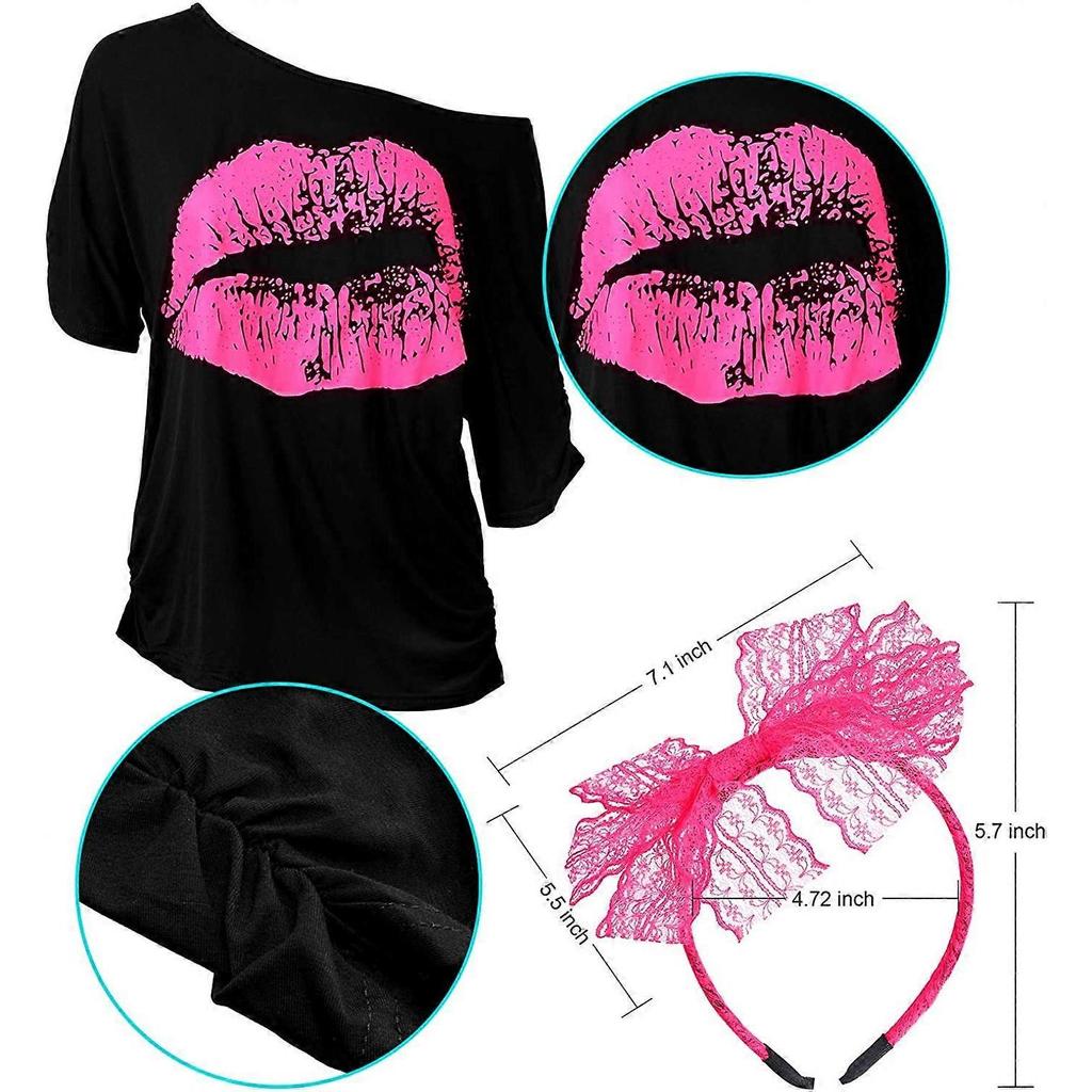 80s Costumes for Women, Lips Print T Shirt Lace Headband Earrings Necklace Bracelet for 80s Theme Party