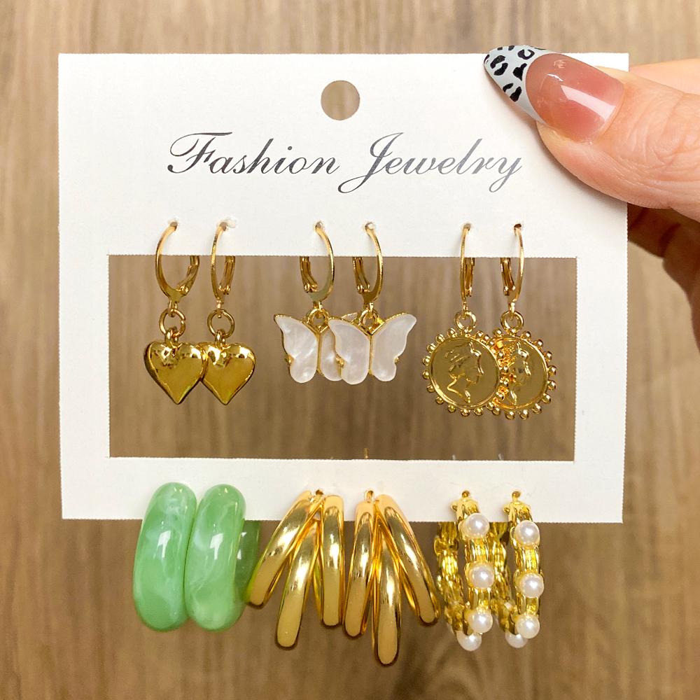 Conjunto de brincos de acrílico para mulheres, brincos pendurados de borboleta dourada punk, conjunto tendência de brincos, joias, presentes