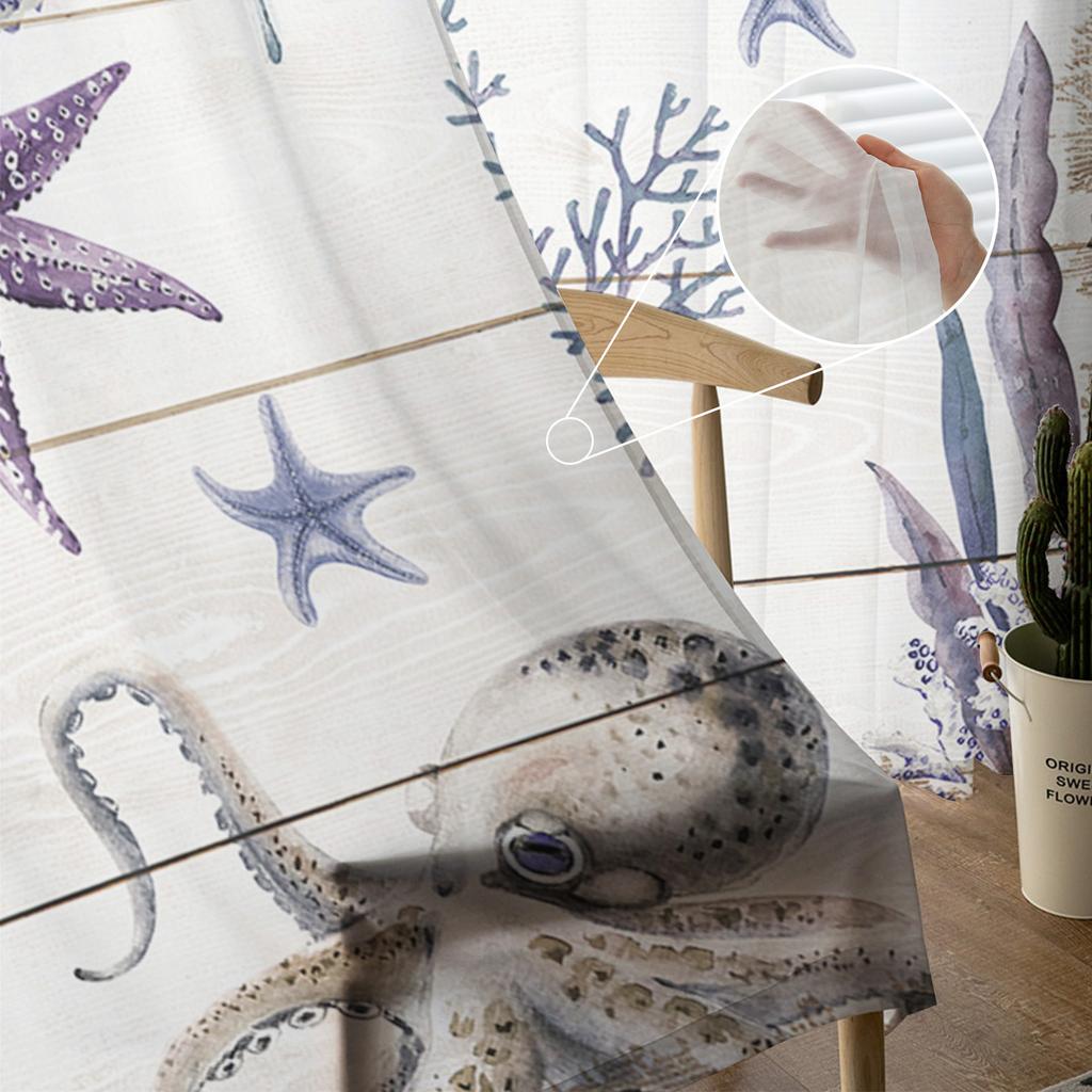 Tüllvorhang mit Meeresmotiven, Aquarell-Kreaturen, Seesterne, Oktopus, Voile, transparent, für Schlafzimmer, Wohnzimmer, durchsichtige Fenstervorhänge