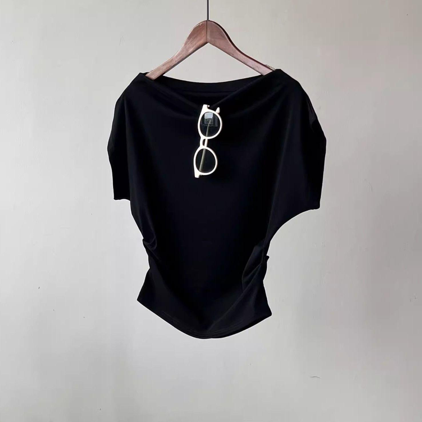 

Женская летняя асимметричная футболка с открытым плечом, драпированным вырезом и из модального хлопка Double Extra Large чёрный