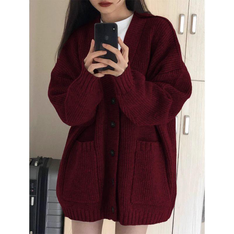 

Женский вязаный кардиган бордового цвета - Осень/Зима, свободный стиль с отложным воротником M (for 105-115cm)