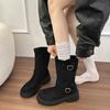 Herbst und Winter neue matte Leder mittelhohe Stiefel Damen Doppelverschluss mit dicker Sohle Retro elegantes Temperament Martin Stiefel