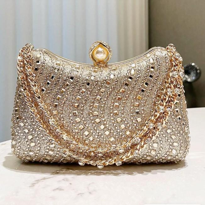 Fine Rhinestone Diamond Inlay Dinner Evening Bag Retro Luxury Gold Silver Blue Small Clutch For Women Wedding Party Shoulder Bag