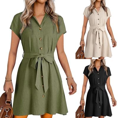 Damen Sommer Einfarbig Modisches Freizeitkleid Mit Knopfleiste Kurzarm Freizeitkleid