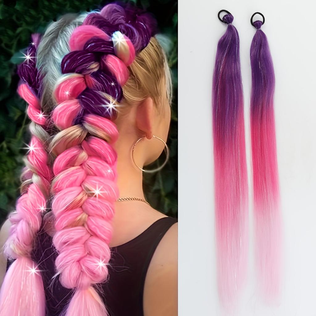 Synthetische Regenbogen Lametta Zöpfe Haarverlängerungen 26 Zoll Doppelte Pferdeschwänze Mädchen DIY Rave Party Ausgefallene Haaraccessoires