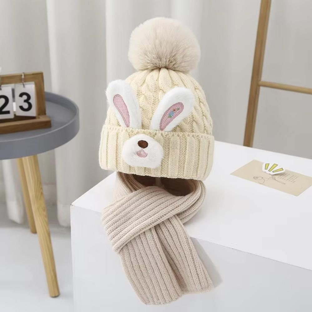 

Faux Fur Baby Hats Scarf Set Rabbit Ear Kids Hooded Scarf Fashion One-Piece Beanies Cap Winter бежевий