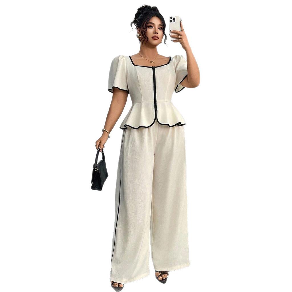 Big-size V-neck Color-blocked Edge Two-piece Set with A Fitted Leaf-shaped Top and Wide-leg Pants - An Elegant Business Outfit Set.