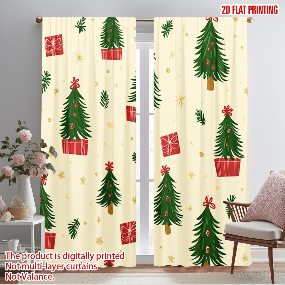 

Set Of 2 Plane Printing Curtain Popular Christmas Tree Gift Star Durable Polyester Fabric Without Rod Decorations Outdoor W100*H70(CM)-Hooks&1PCS