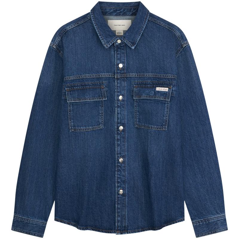 Calvin Klein American Vintage Minimalist Label Patch Pocket Cotton Linen Blend Denim Shirt Men shirts 4RF904G