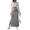 Gerippter Strickrock für Damen, hohe elastische Taille, Schlitz, langer Retro-Rock