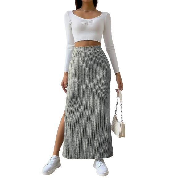 Gerippter Strickrock für Damen, hohe elastische Taille, Schlitz, langer Retro-Rock
