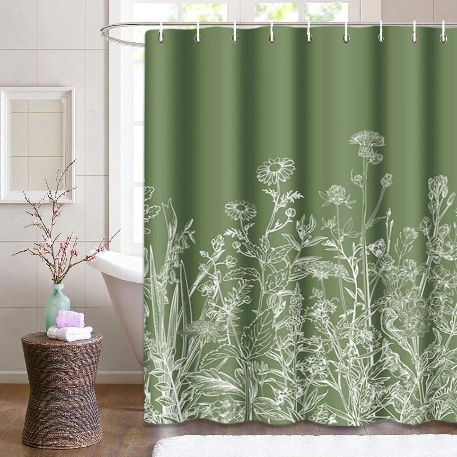 

Shower Curtain Floral Border Herbs And Wildflowers Plants Vintage Engraving Light Grey Background Black Polyester Fabric W60H190(CM)-1 Pcs