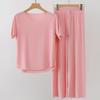 2 Teile/satz Frauen Pyjamas Nahtlose Eis Seide Rundhals Kurzarm Einfarbig Elastische Taille Breite Bein Lose Weiche Atmungsaktive Homewear top Hosen Set