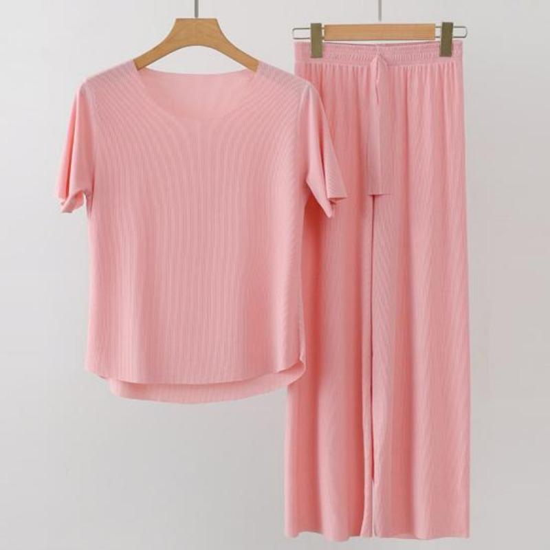 2 Teile/satz Frauen Pyjamas Nahtlose Eis Seide Rundhals Kurzarm Einfarbig Elastische Taille Breite Bein Lose Weiche Atmungsaktive Homewear top Hosen Set