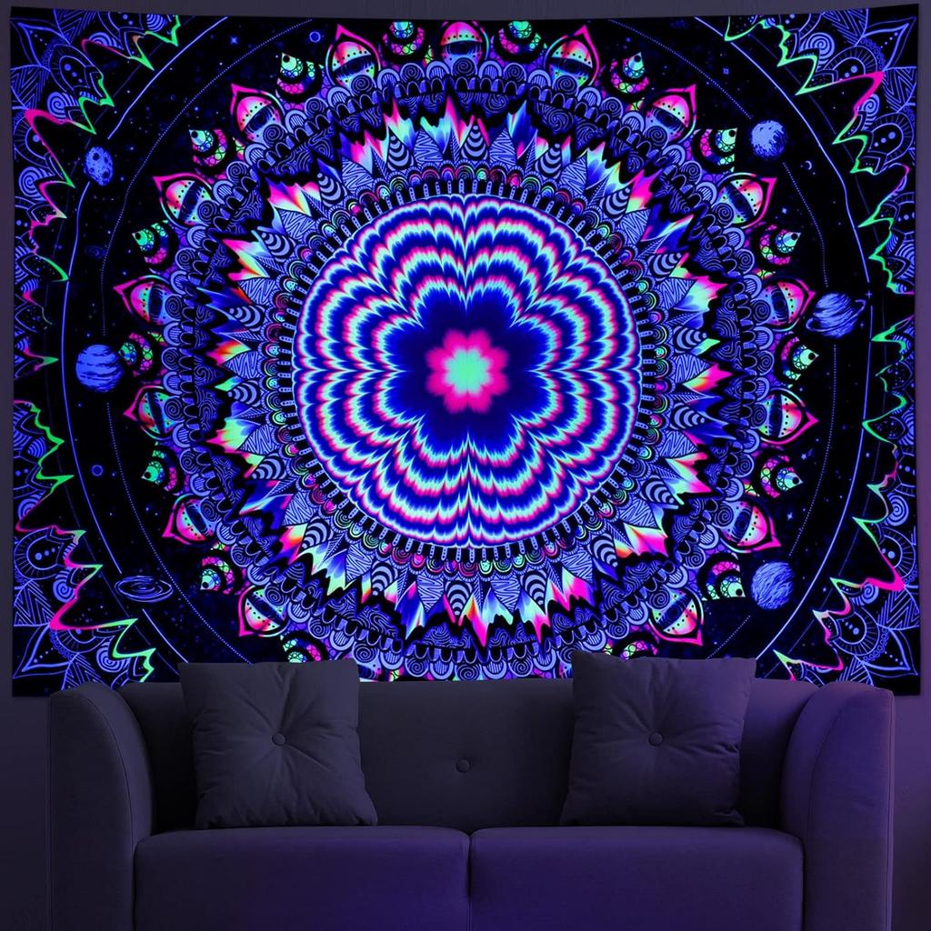 Amonercvita Blacklight Tapestry Trippy Mandala Tapestries UV Reactive Galaxy Stars Tapestry Psychedelic Neon Tapestries Wall Hanging Hippie Black