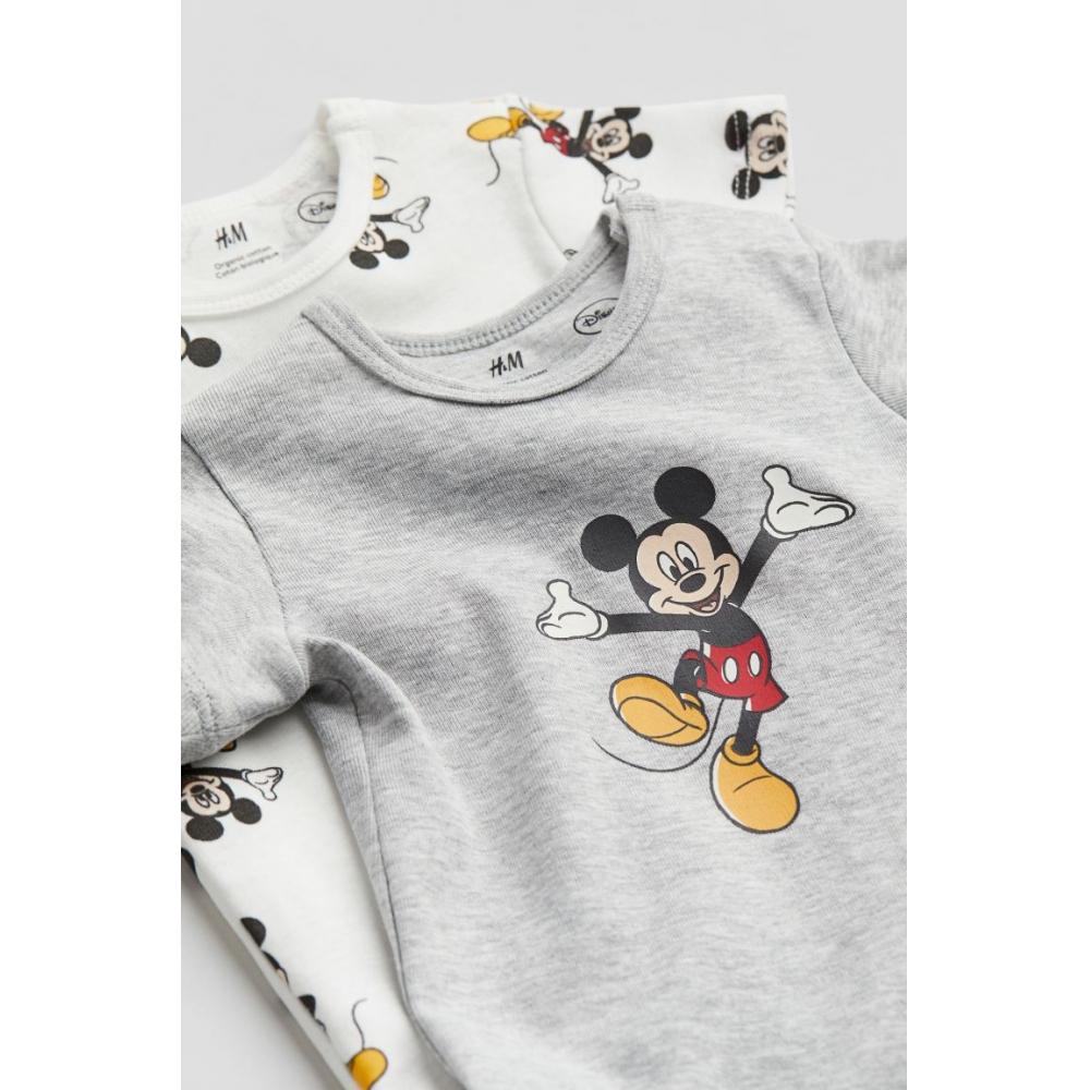 H M Cotton Jersey Bodysuit 2 Piece Set Light Gray Mickey Mouse