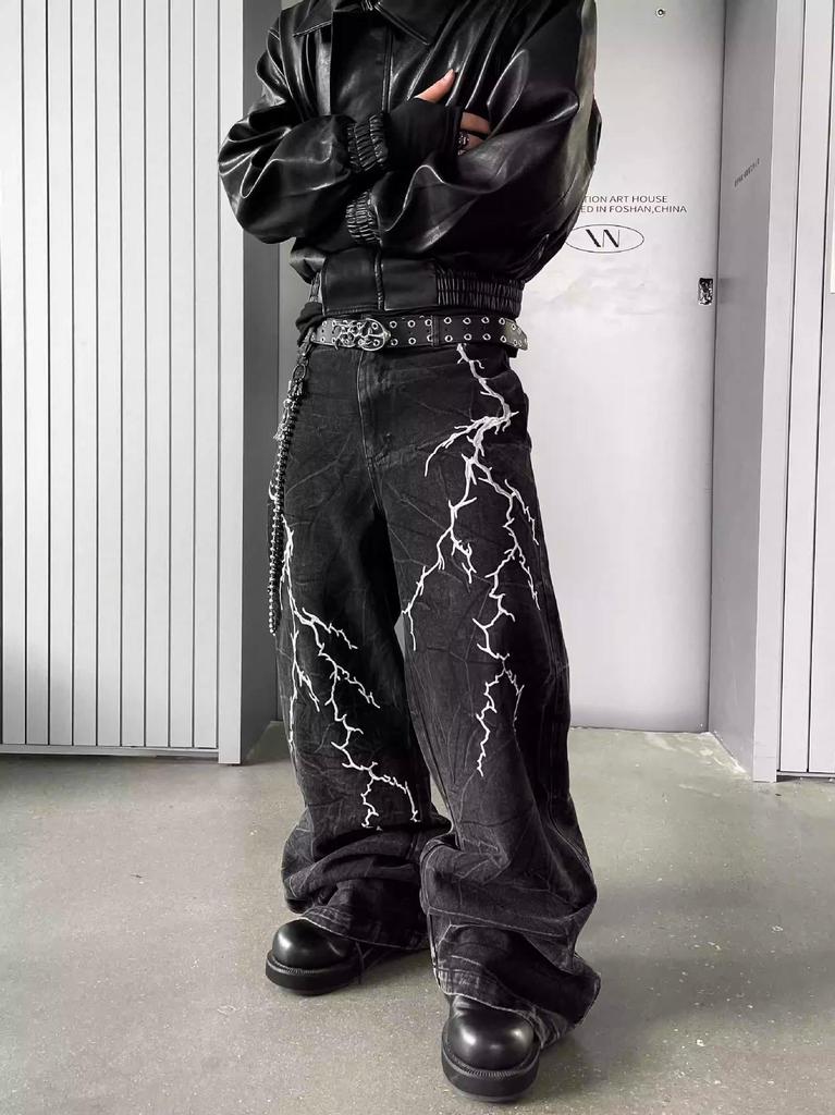 Męskie czarne jeansy American High Street: Haft Piorunem, Proste Luźne Szerokie Nogawki, Modny Rogue Street Style