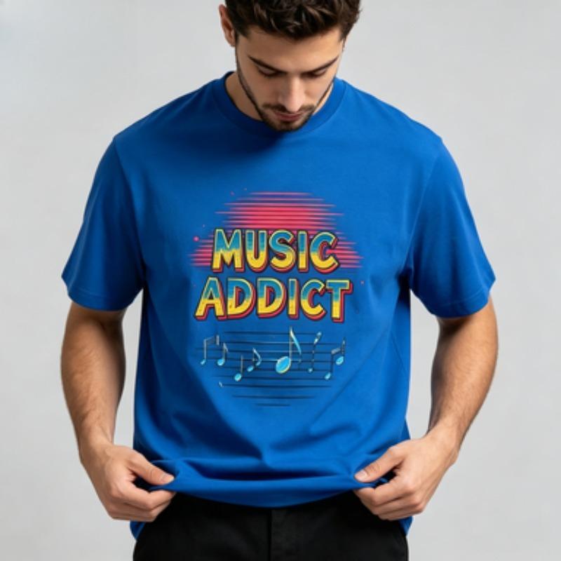 Soft Cotton Unisex Tshirt Vintage Music Addict Note Art Print Oneck Trendy Loose Fit Hip Hop Daily Casual Outfit Tops