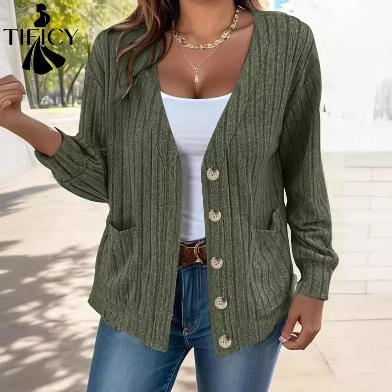 TIFICY Women's Fashion Casual Solid Color Print Autumn Winter Long Sleeve V-Neck Jackets & Coats