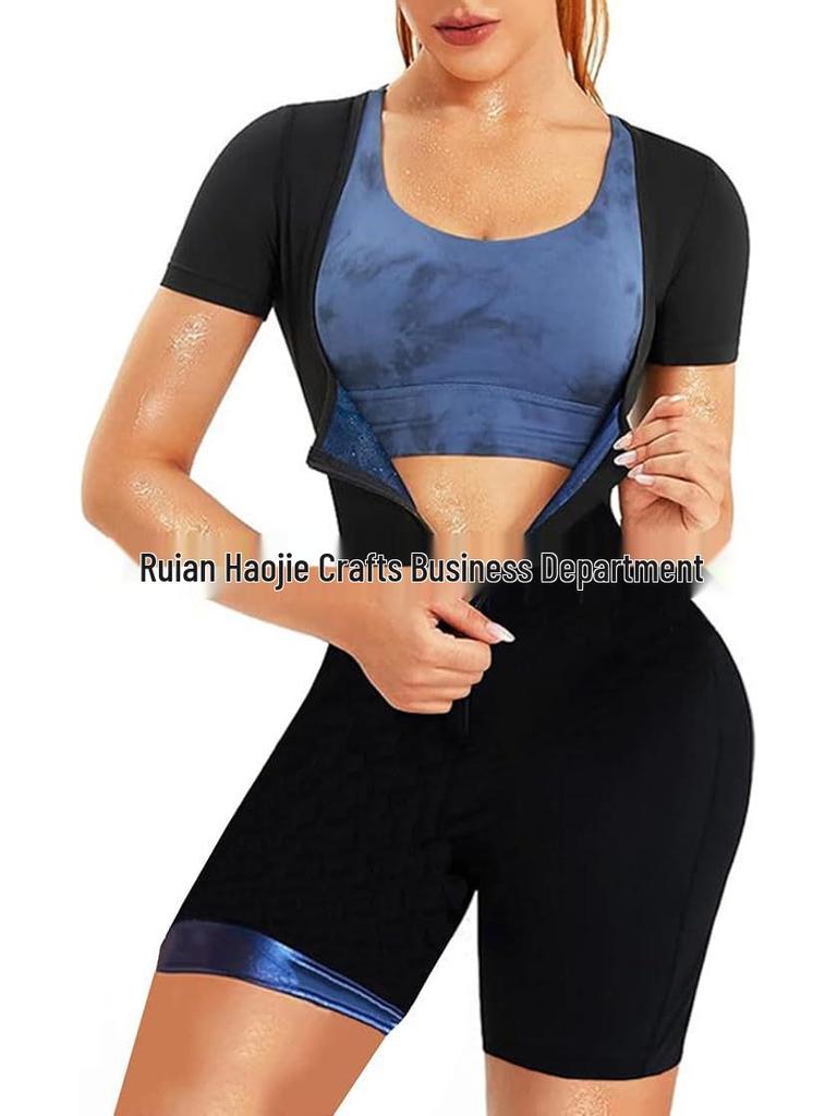 Women's Yoga Sweat-Inducing Jumpsuit for Butt Lifting & Abdominal Tightening - Short Sleeve, Long Pants Fitness Wear