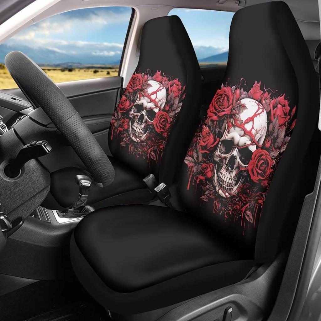 Bulopur Cute Black Gray Skull Set of 2 Car Seat Covers Universal Auto Front Seats Protector Fits for Car,SUV Sedan,Truck
