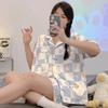 Can Wear Pajamas Women's Summer Cute Cartoon Bear Cotton Short-sleeved Cardigan Loungewear Women's Suit