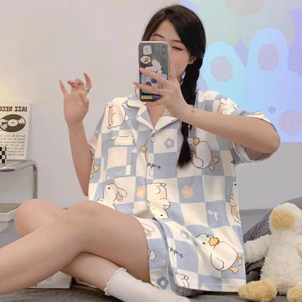 Can Wear Pajamas Women's Summer Cute Cartoon Bear Cotton Short-sleeved Cardigan Loungewear Women's Suit