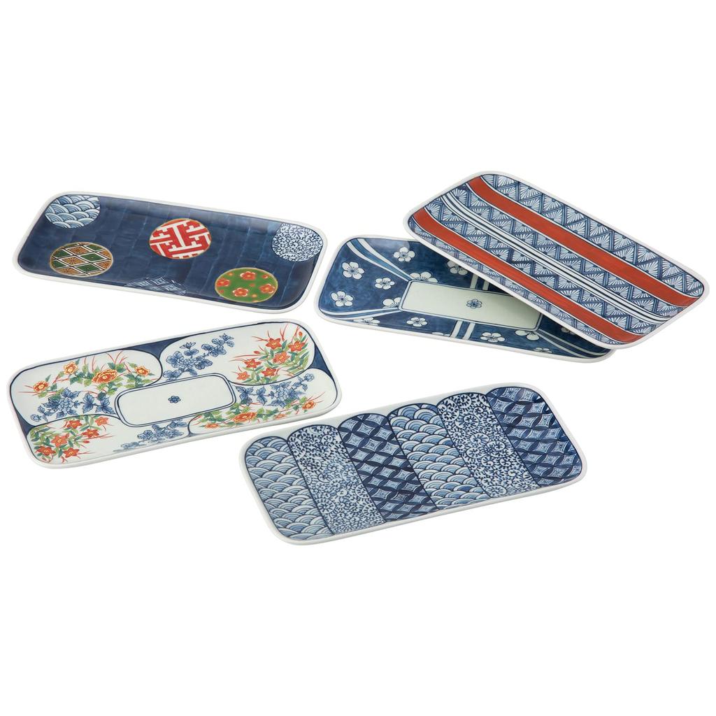 Nishikai Toki Hasami Ware Rectangular 24 X 12 Set of Made In 20638 Plates, Approx. Cm, 5, Somen-Nishiki Pattern, Japan, Navy,