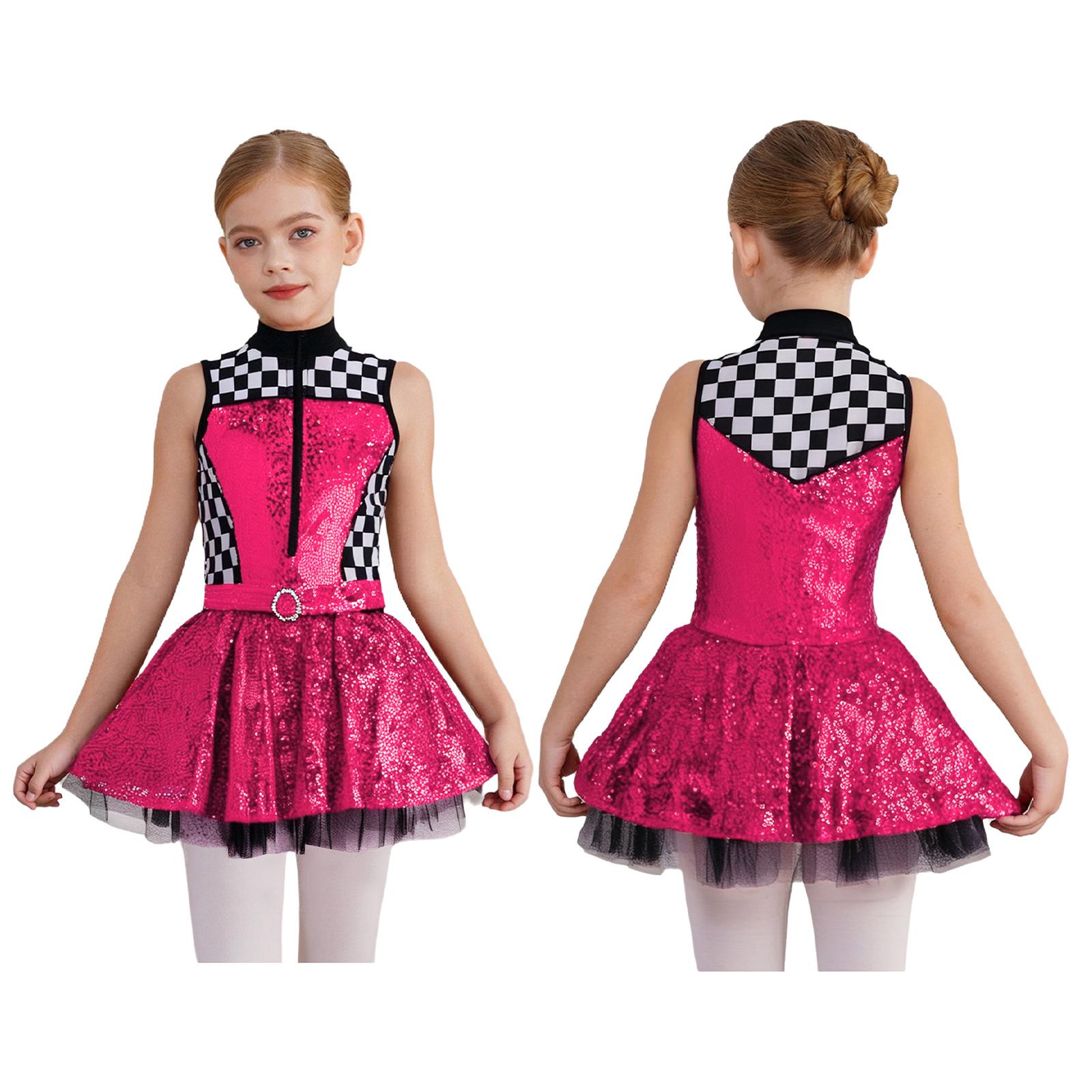 

Sleeveless Race Car Costume Dress for Girls: Sparkly Sequin Top with Checkerboard Pattern & Easy Zip Front with Attached Shorts 3-4 Years
