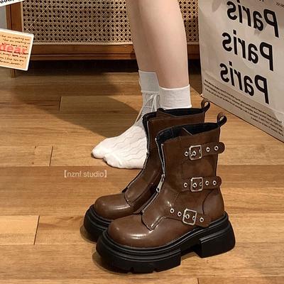 England Style Brown Thick Bottom Retro Fashion Boots Women Casual Western Cowboy Short Botas Shoes for Women Platform Boots
