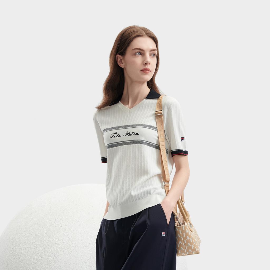 Fila Color Block Striped Letter Print Casual Short Sleeve Knit Top Women Tops White F11W421405FWT