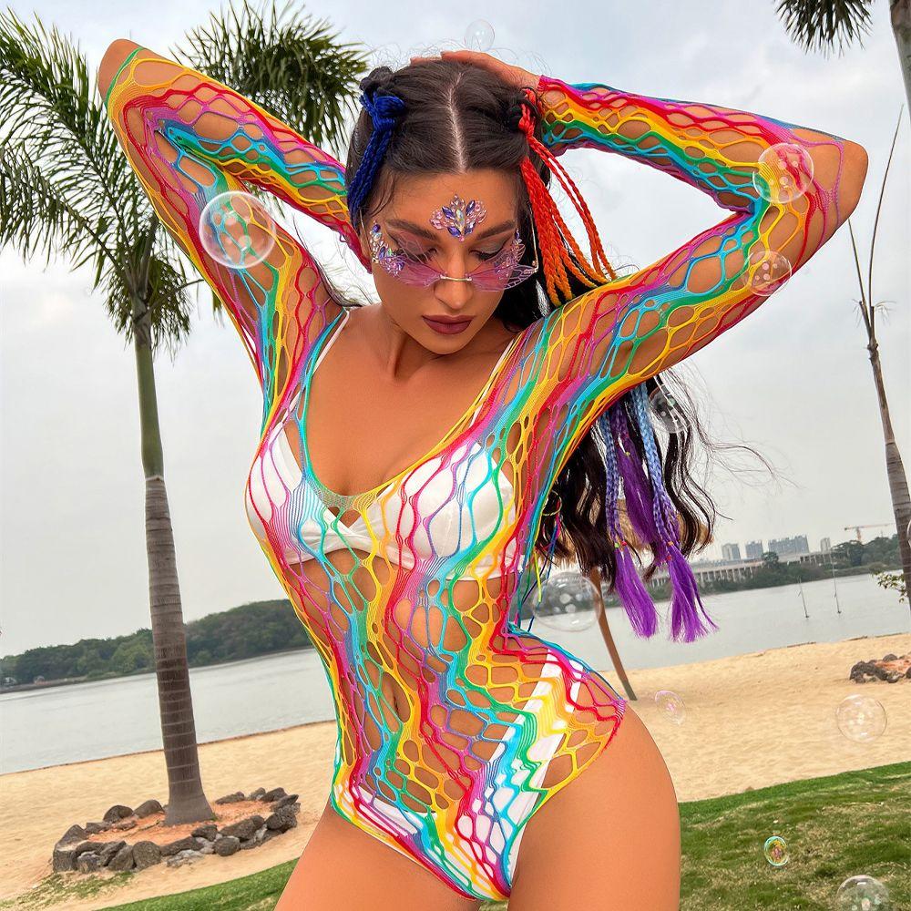Summer Outfits Transparent Fishnet Tank Tops Bikini Cover Ups Rainbow Swimsuit Women Mesh Dress