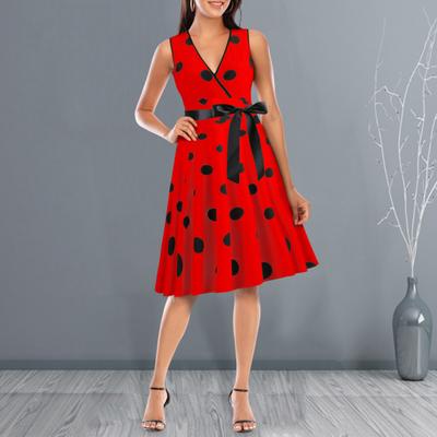 Women Evening Dress Vintage Contrast Color Dot Print Bow Waist A-line Big Swing Slim Wasit Sleeveless Backless V Neck Princess Style Midi Dress