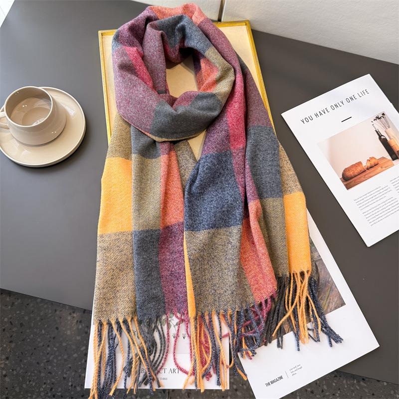 Winter Rainbow Plaid Women's Imitation Cashmere Scarf Warm Shawls and Wraps Thicked Pashmina Female Blanket Scarves