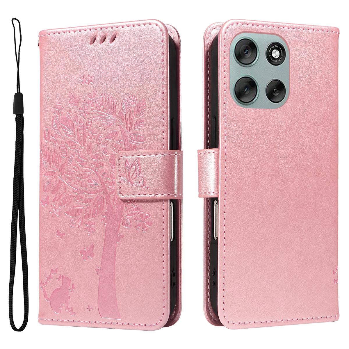 

For Motorola Moto G56 5G Phone Case with Stand Cat Tree Pattern Leather Wallet Mobile Cover Rose Gold