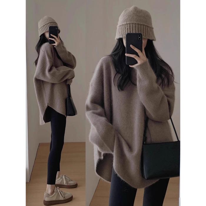 Split sweater gently knitted women's autumn and winter new lazy wind top soft waxy warm knitted sweater
