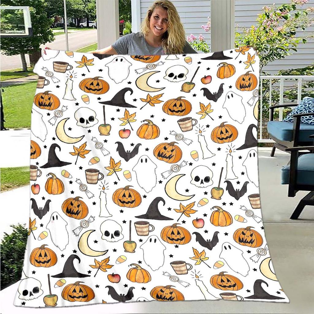 Halloween Ghost Pumpkin Cartoon Digitalprinted Polyester Velvet Flannel Cover Blanket Fleece Soft Sofa Cover Blankets for Beds