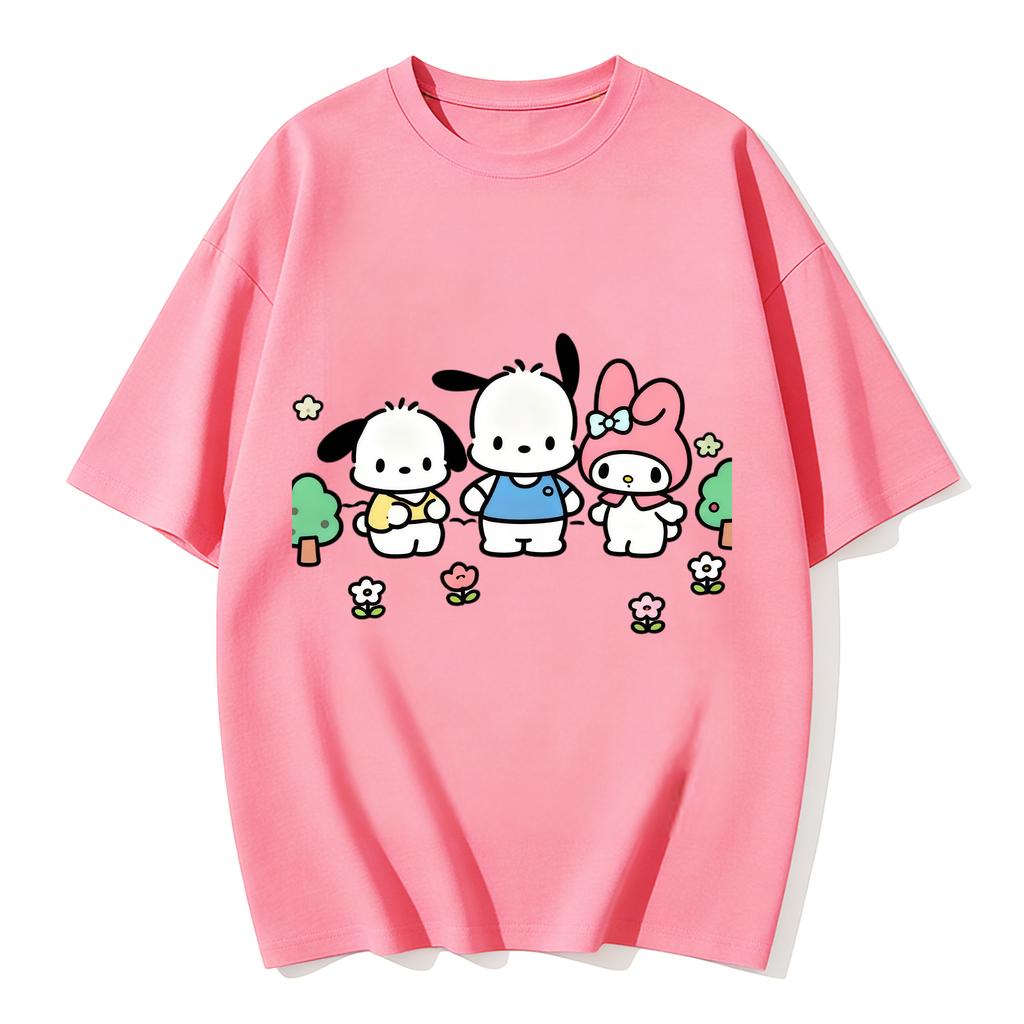 Summer Cute Pochacco My Melody Print Tshirt Casual Short Sleeve Tees for Mom and Daughter Sweet Family Matching Outfits Fashion