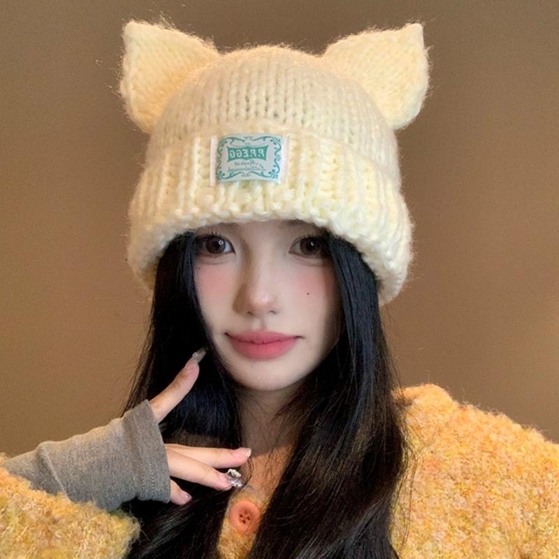 Women Winter Crochet Hat Cats Ear Knitted Hat for Girl Skiing Cycling Warm Winter Snow Hat for Christmas Present