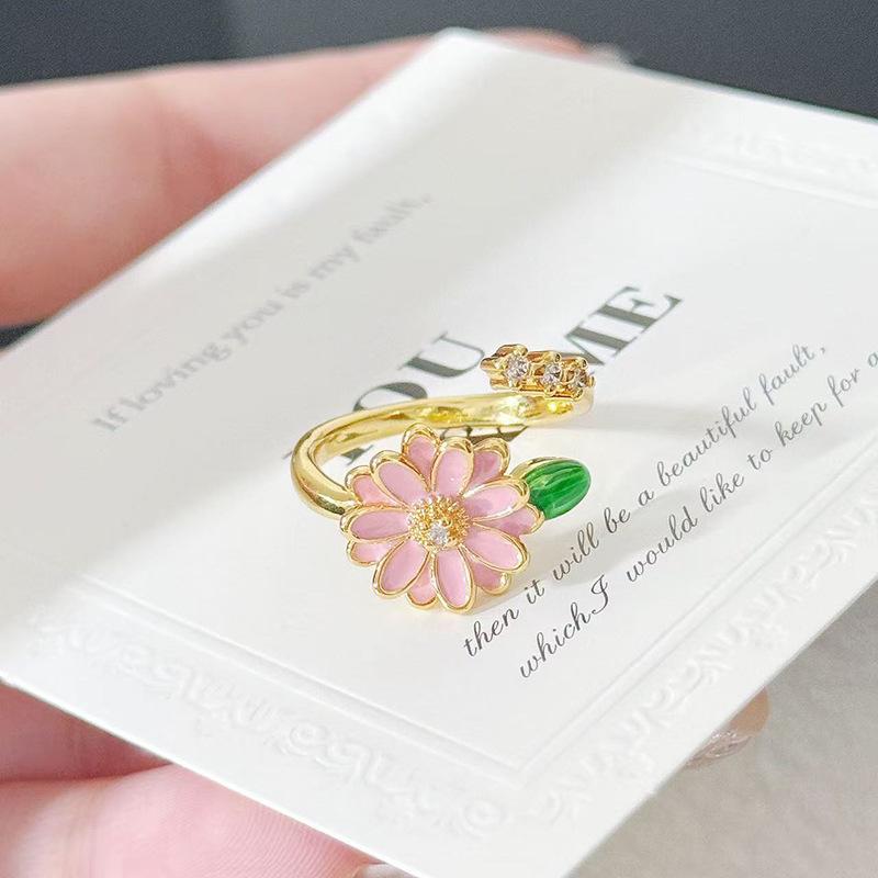 Medieval Vintage Enamel Zircon Flower Opening Ring Niche Design Light Luxury High Sense Ring Woman
