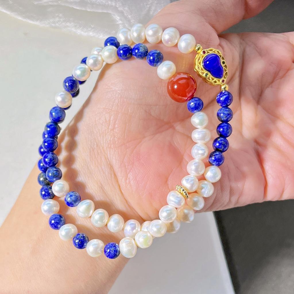 4Mm Natural Lapis Lazuli Freshwater Pearl Chalcedony Multi-Circle Design Bracelet Bracelet